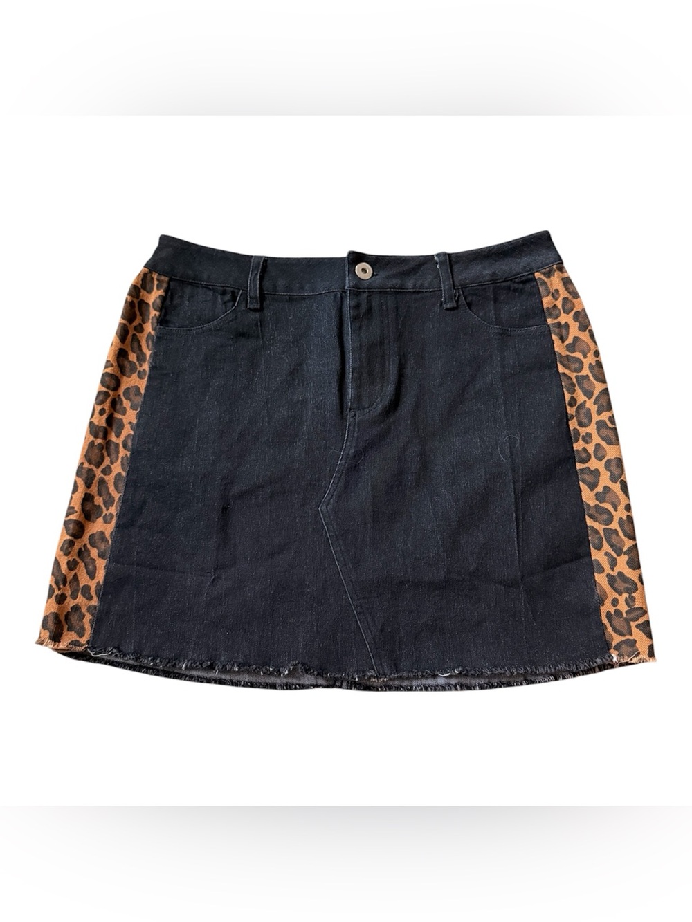 Umgee Black Denim Mini Skirt with Leopard Side Panels Size M